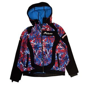 FXR Racing Polaris Snowmobile Jacket Womens Large Red Blue Shatter Print Hooded